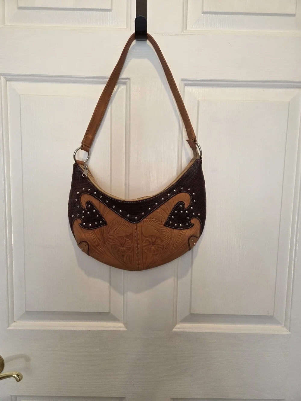 Tooled Two-Tone Brown Leather Boho Western Shoulder Bag